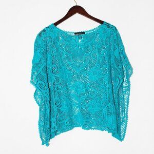 NWOT Karen Kane Turquoise Floral Cotton Crochet Lace Poncho Top 1X